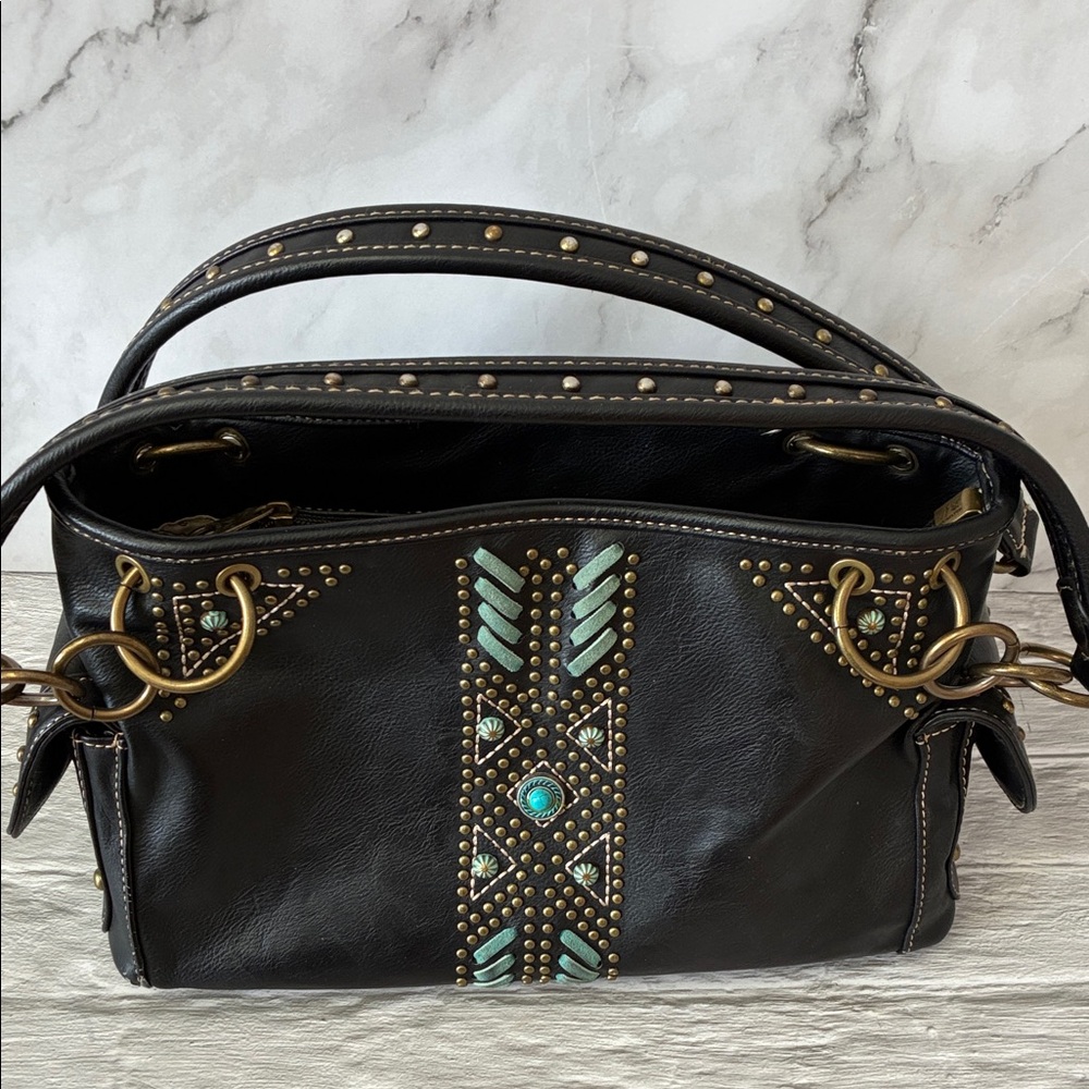 Montana West Black Studded Leather Tote with Turquoise Accent Shoulder Bag